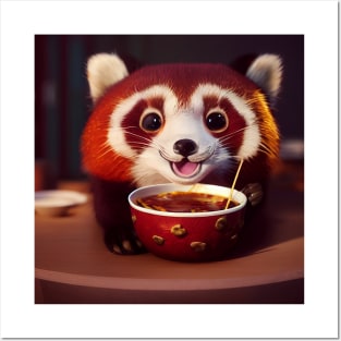 Kawaii Red Panda Eating Ramen Posters and Art